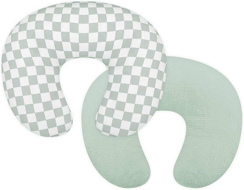 DILIMI Muslin Nursing Pillow Cover 2 Pack, Removable Nursing Cover for Breastfeeding Pillows, Ultra Soft Comfortable Slipcover for Baby Girl and Boy, Green and Checkered - Image 1